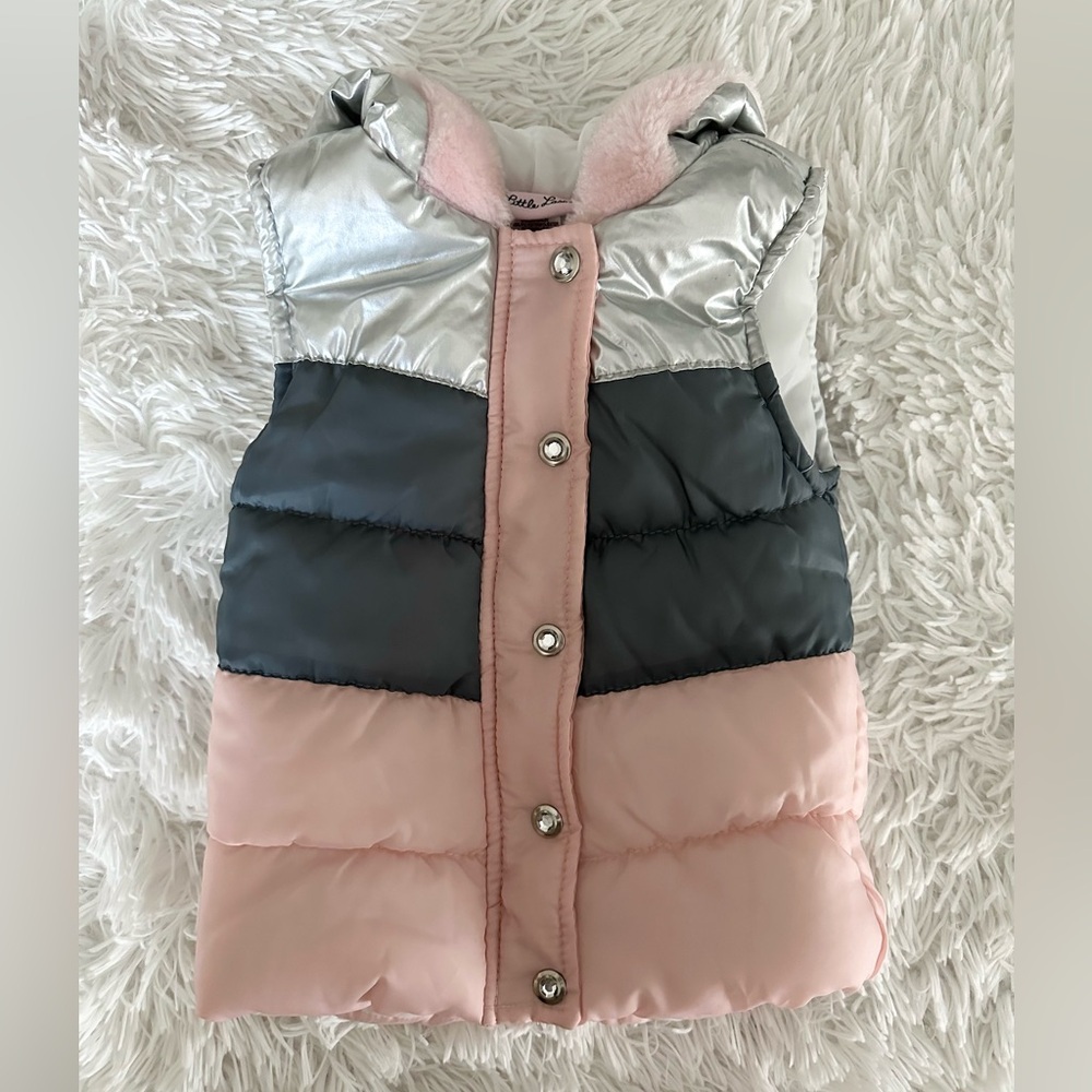 LITTLE LASS Princess Barbie Glam Hooded Puffer Vest Pink Silver Silver Size 4T